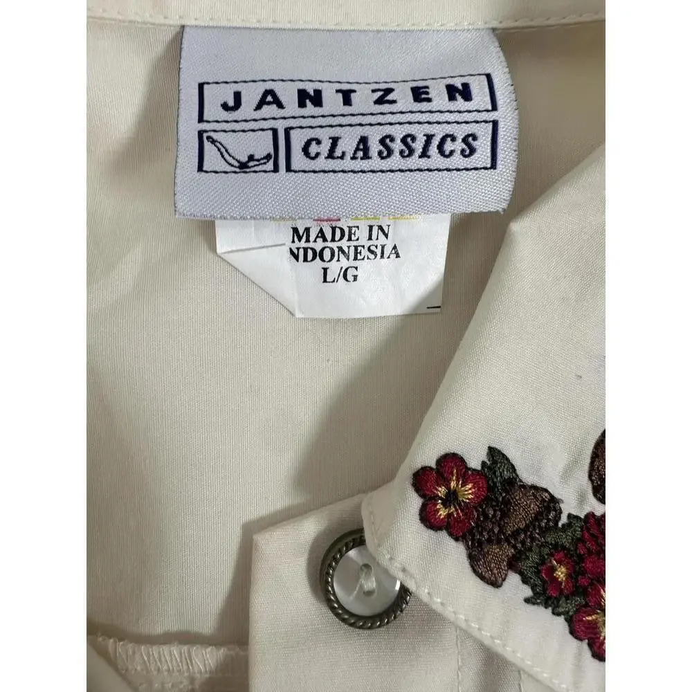 Jantzen Classics Embroidered Floral Button Front Shirt Sz L Cottagecore Ivory